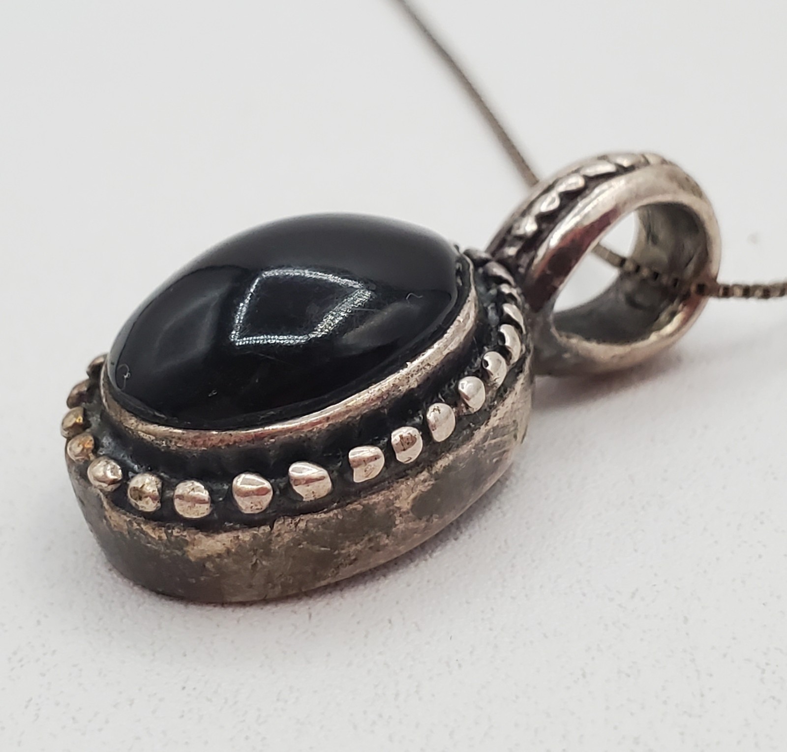 MEX 925 ATI Black Onyx Necklace 23in Sterling Silver 9gtw Box Chain VTG Estate