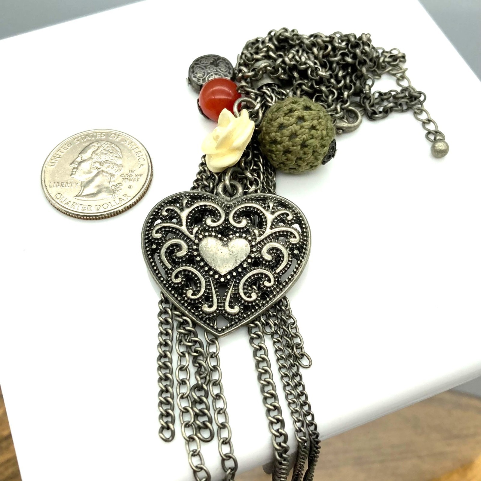 Vintage Hearts and Flowers Charm Pendant Necklace on Long Silver Tone Rolo Chain