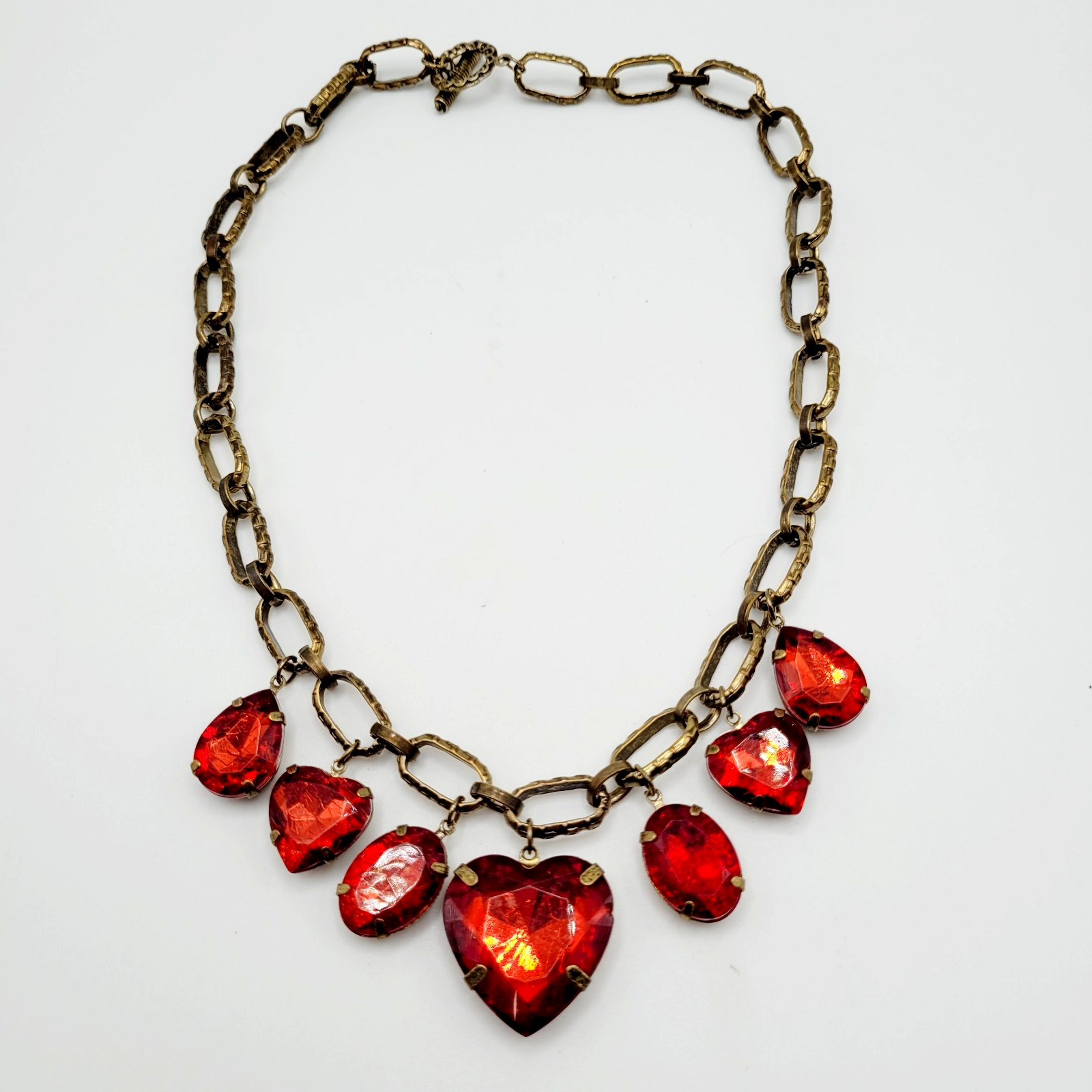Red Acrylic Gem Statement Red Heart Brass Tone Large Link Vintage Necklace 17 In