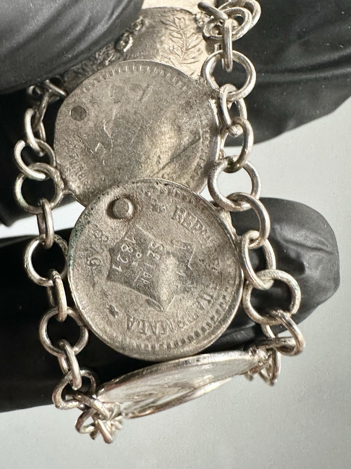 Antique 835 Silver 1800s Guatemala Coins Charm Bracelet 7” Inches