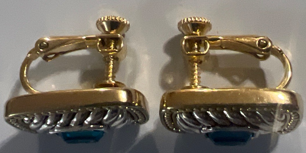 GENUINE Napier Vintage Estate Teal Blue Clip On Earrings Gold Silver Tone