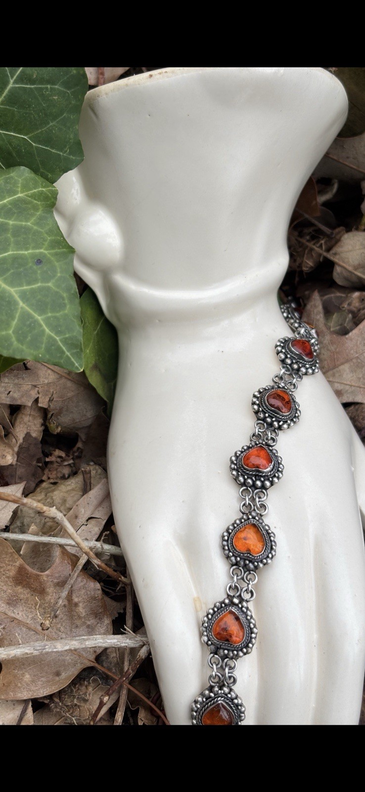 Amber Hearts & Sterling Silver Link Chain Vintage Bracelet 8 In HEAVY 23.5 G