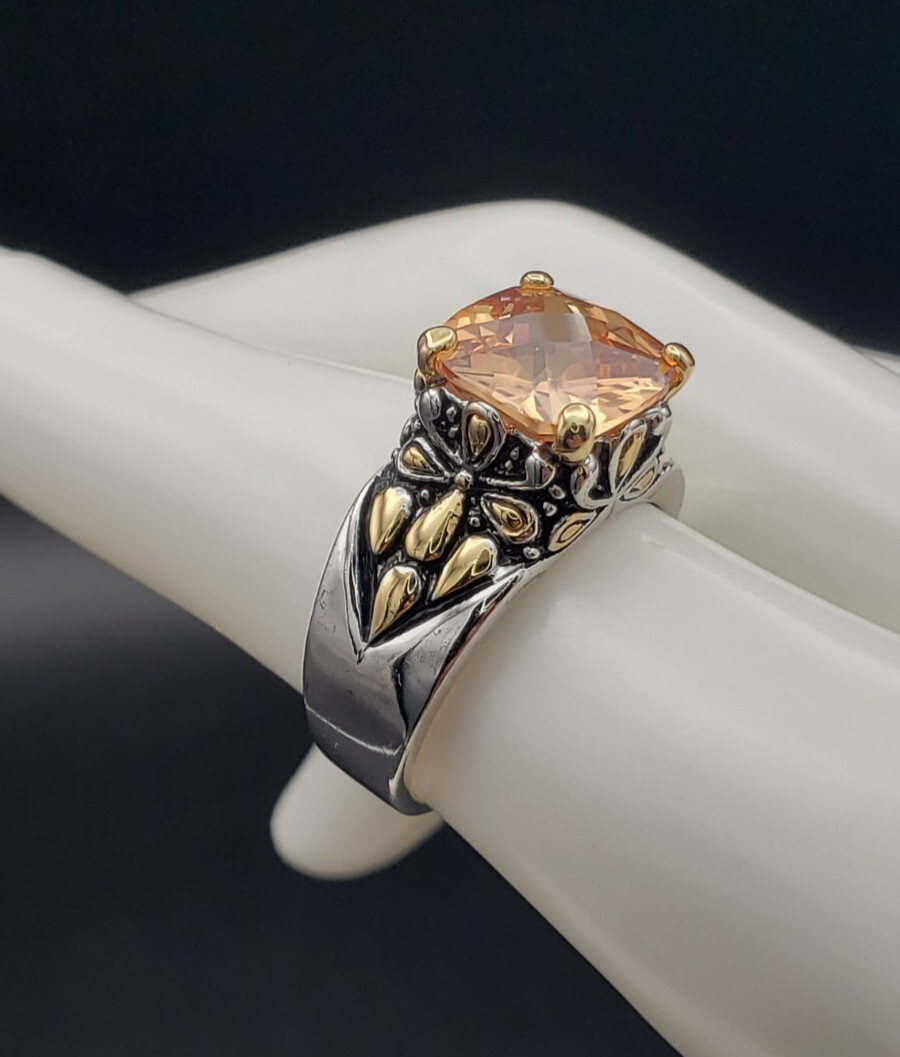Vintage 18K White Gold Plated Cushion Cut Champagne CZ Floral Ring Size 7.75