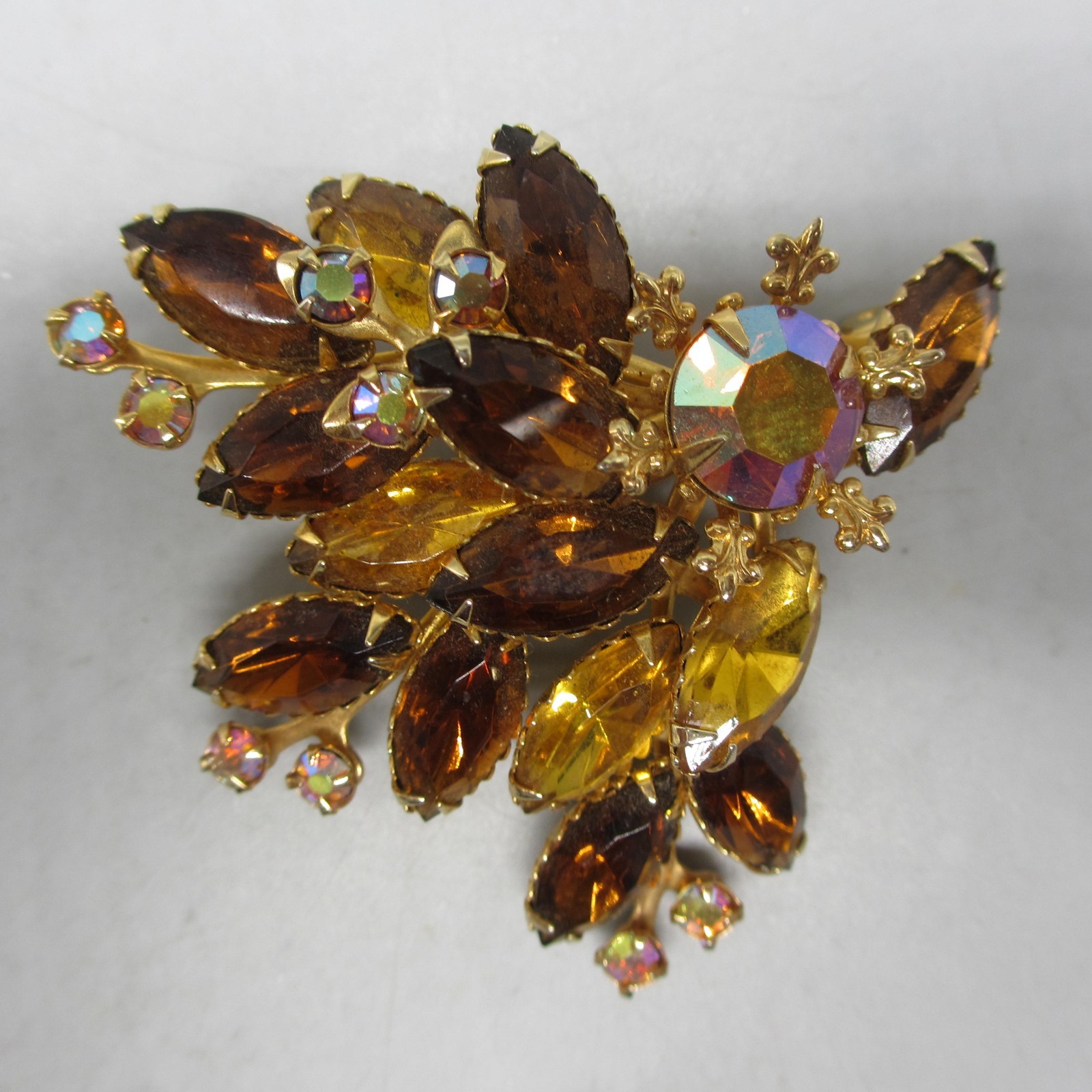 Vintage Rhinestone Brooch Navette AB Fall Colors Layered