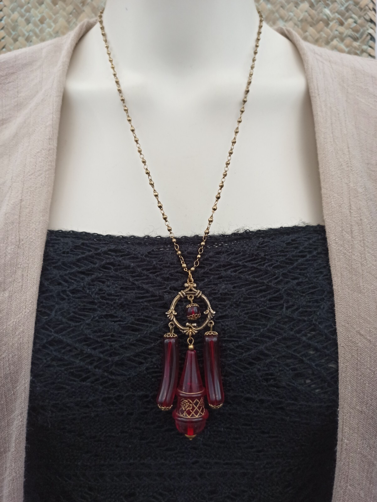 Vintage Red Necklace Rosary Beaded Tassel Long Lucite Art Deco Revival 23″ Boho