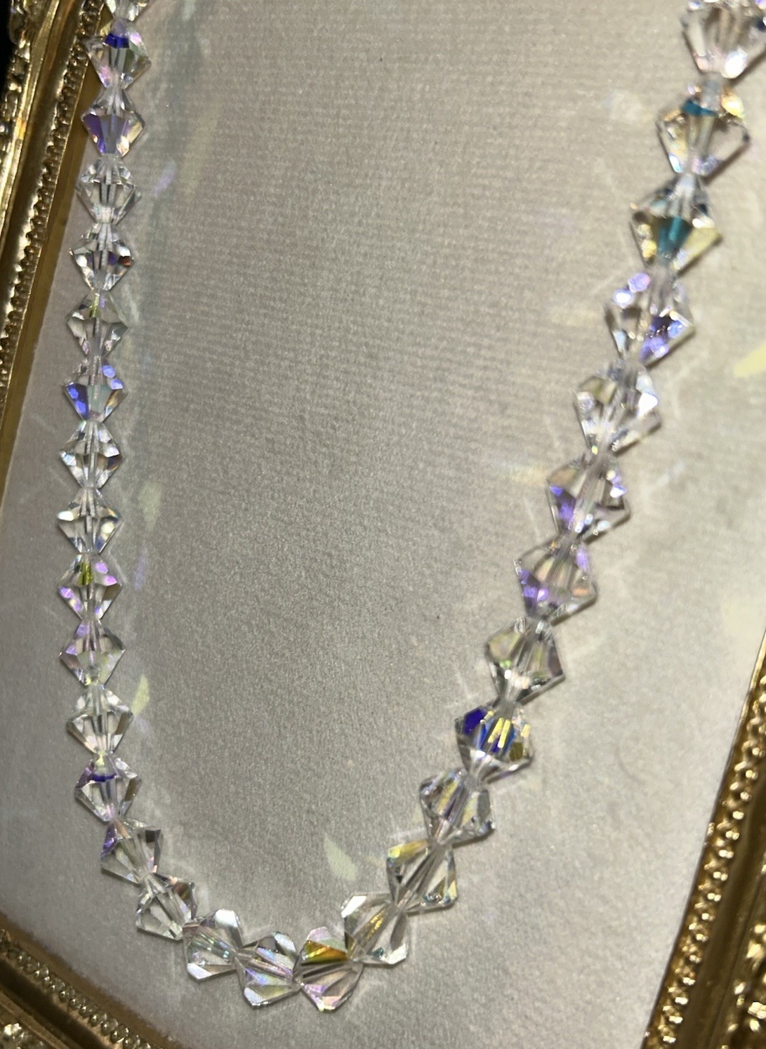 Vintage Aurora Borealis Crystal Bicone Necklace 24” Clear Faceted Glass Beads
