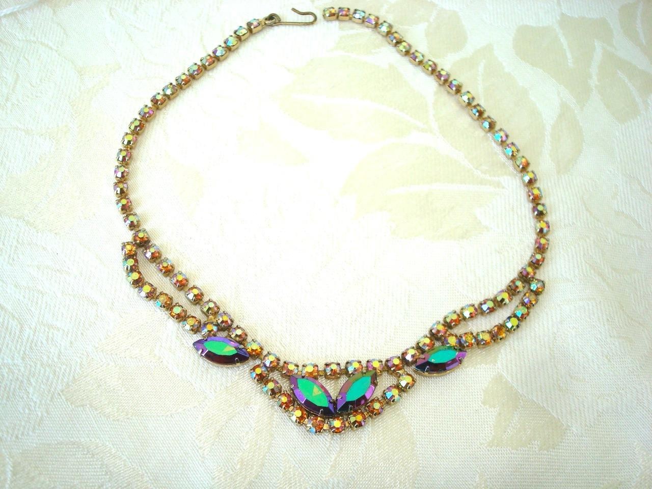 Vintage Choker Necklace Amber AB and Iridescent Rhinestones 15 1/4 in. KJ
