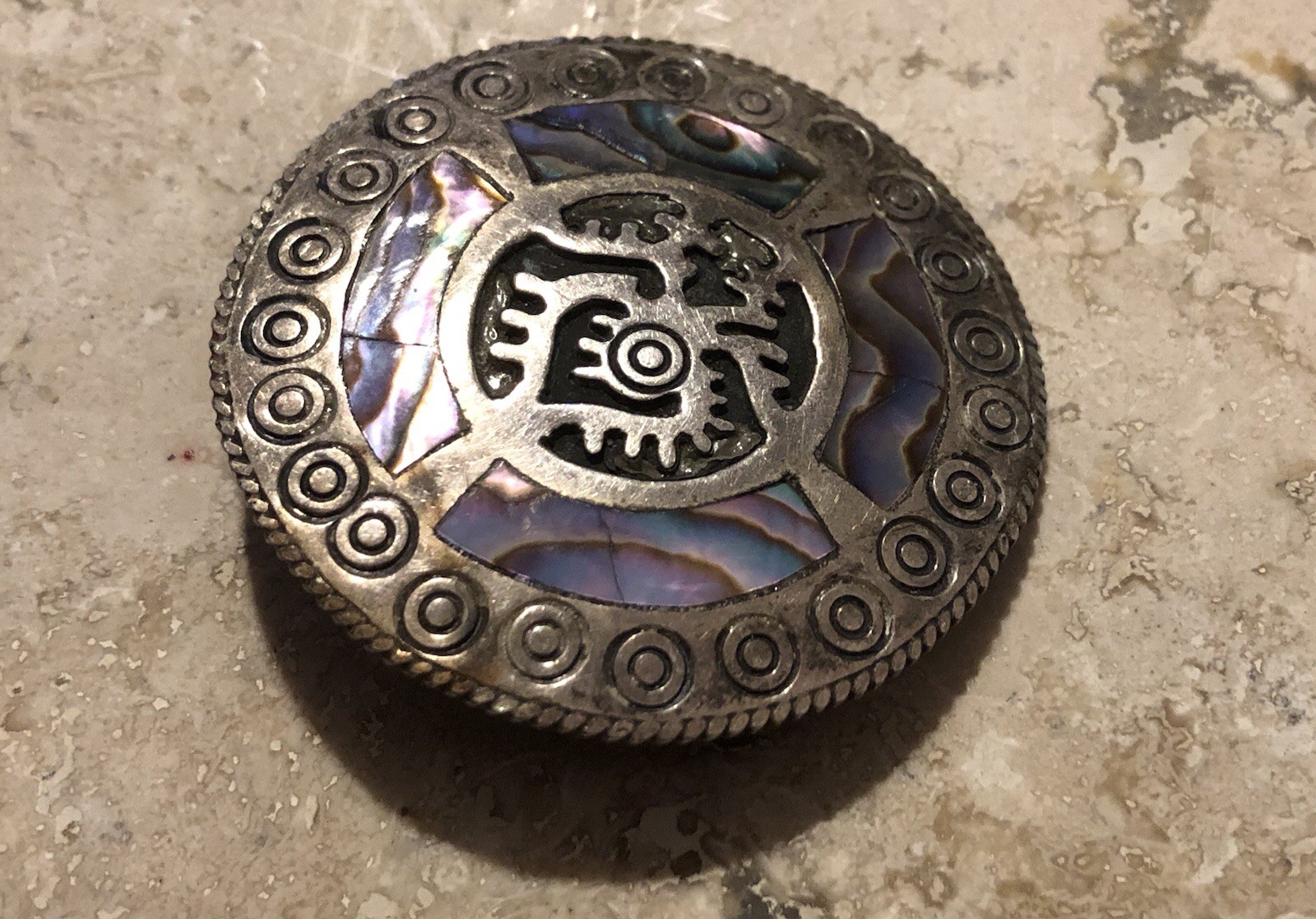 🌈 ✨VTG TAXCO Mexico 925 Sterling Silver TRB RAINBOW ABALONE Aztec Sun Pendant