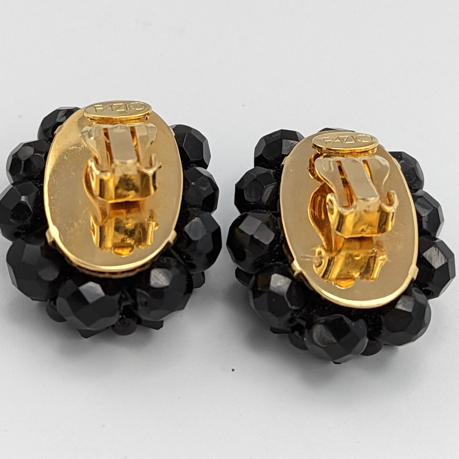 Fazio Black Glass Rhinestone Bead Clip On Earrings 1990s Oval Gold Plated