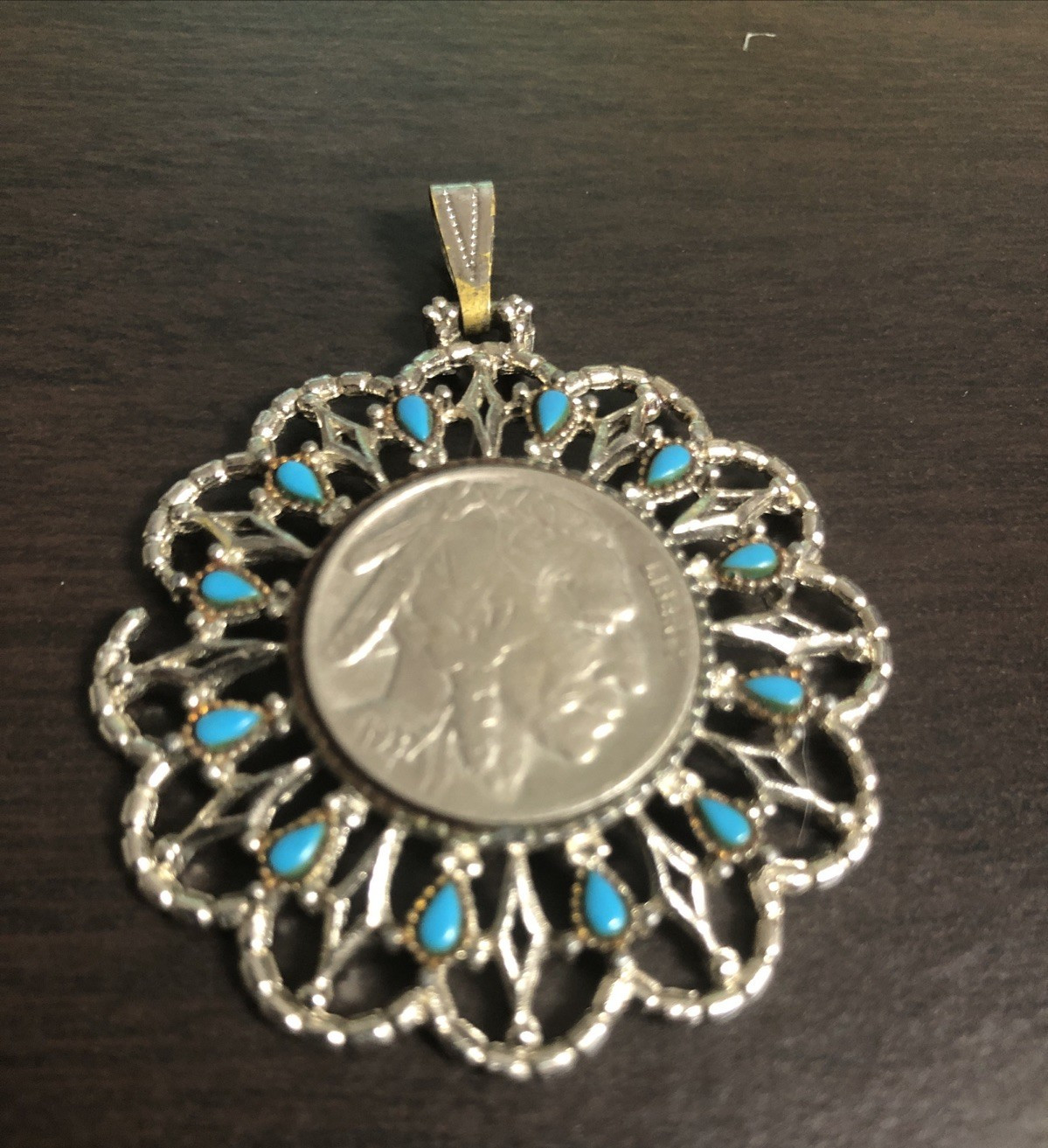 Vintage 1970s Buffalo Nickel Coin Pendent Faux Turquoise Silver Tone Necklace