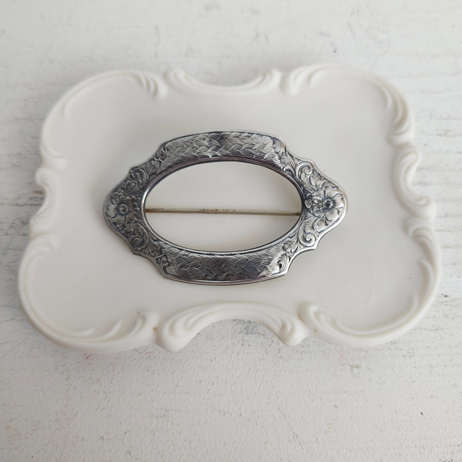 Vintage Antique Victorian Sterling Silver Top 925 Belt Buckle Brooch Pin C Clasp