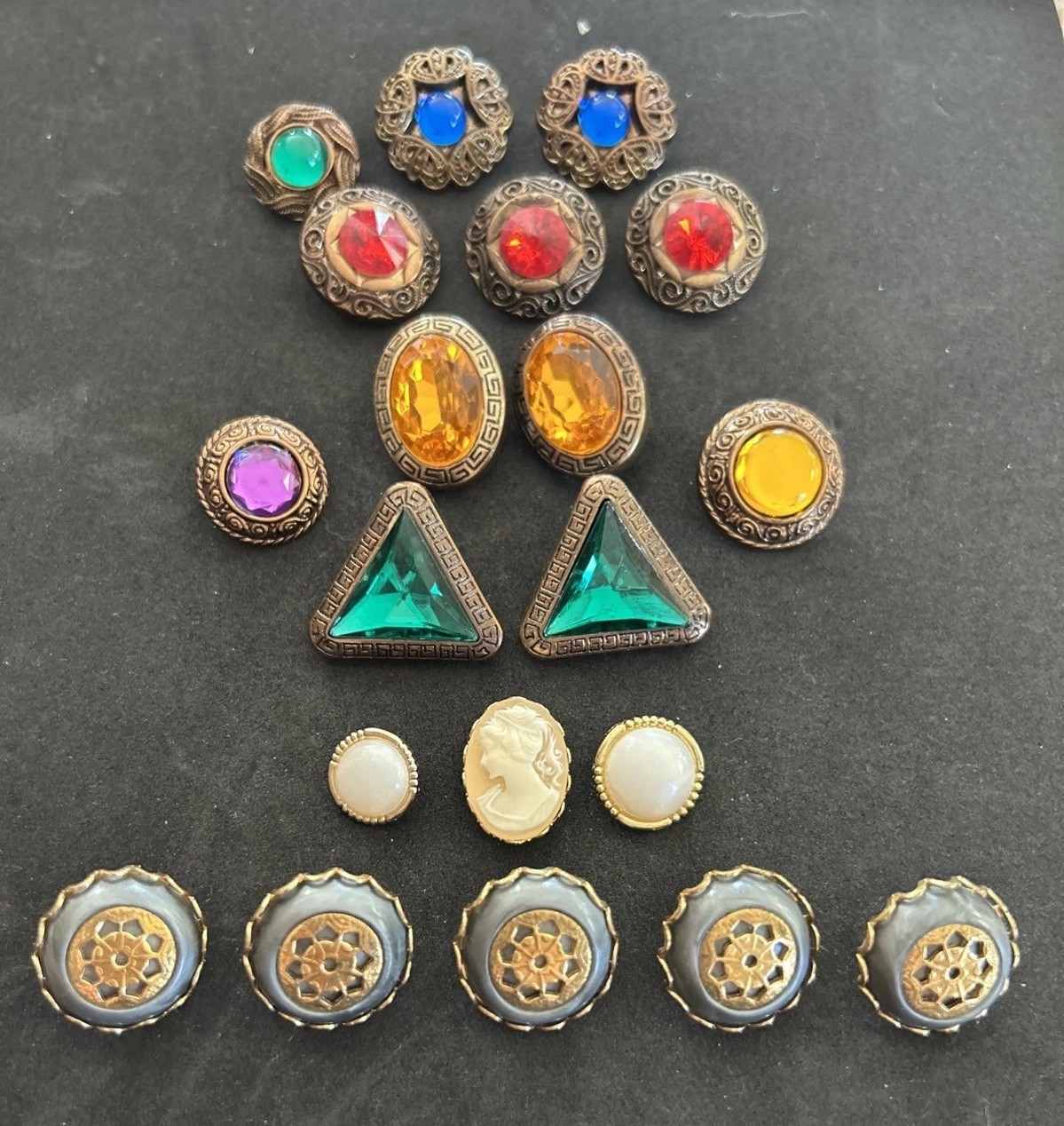 Vintage Costume Jewelry Button Lot Of 20 Yellow Red Blue Purple Green Gray White