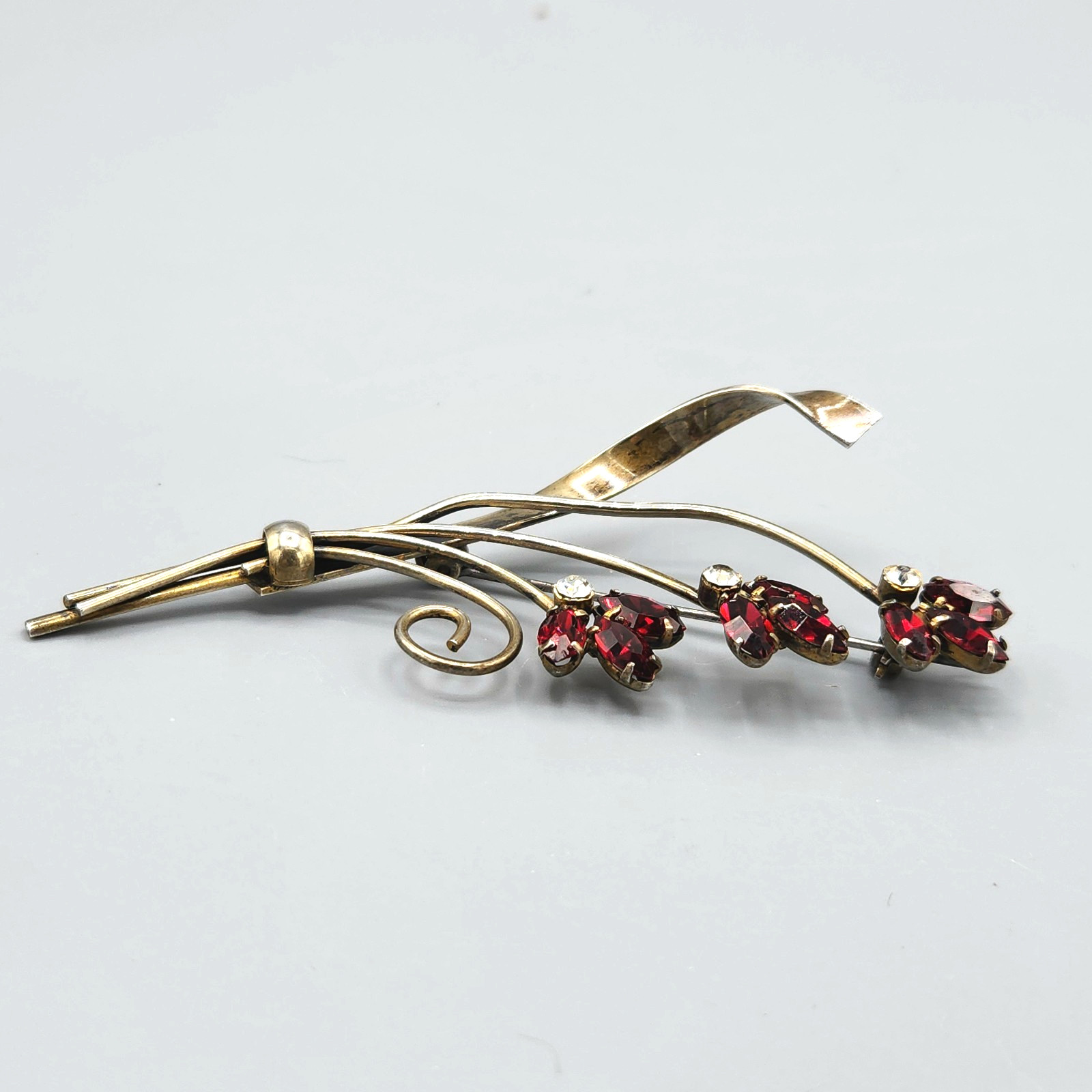 Retro Gold Wash Sterling Silver Siam Red Marquise Glass Flower Bouquet Brooch