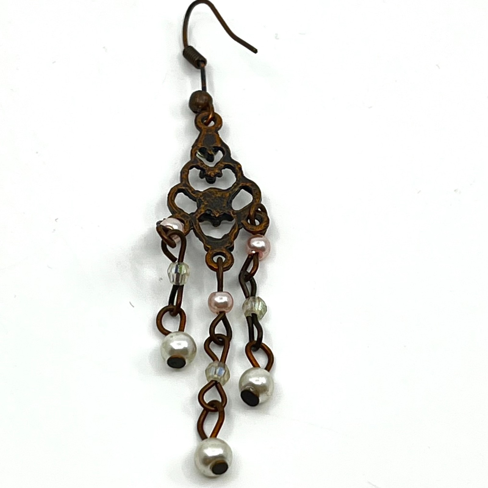 Vintage Antique Bronze Tone Chandelier Earrings Faux Pearl Rhinestone Dangle Y2K