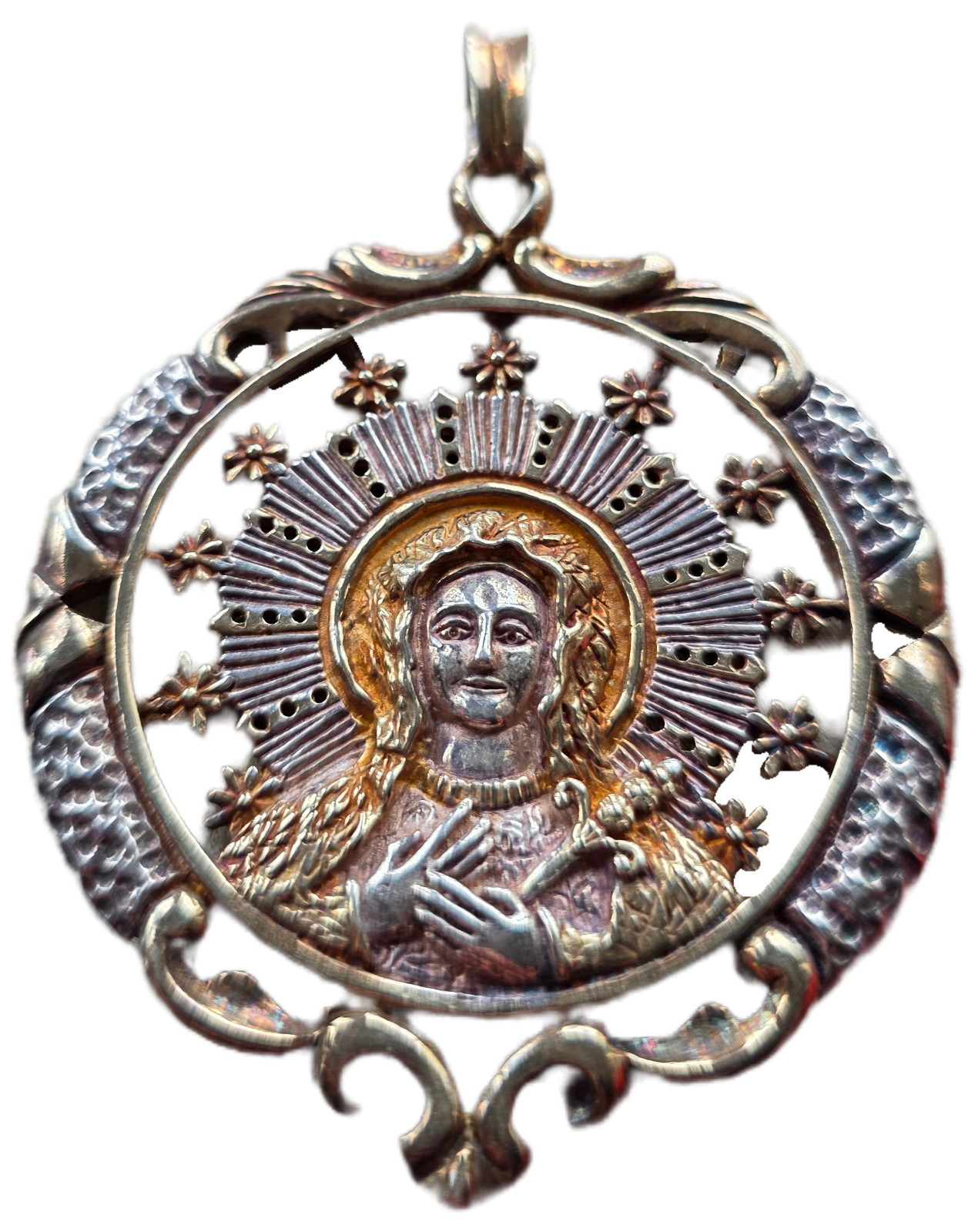 Exceptional antique solid silver Virgin Mary medallion in high relief —t Ca 1890