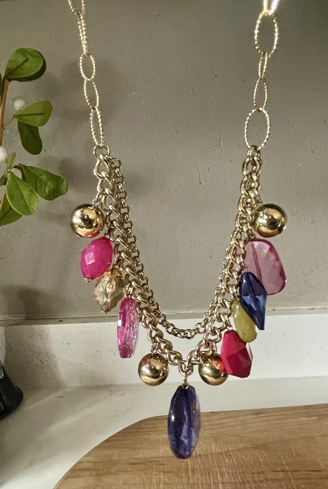 Bright Pastel Multi-Colored Faceted Faux Gem Gold Tone Double Chain Necklace 20”