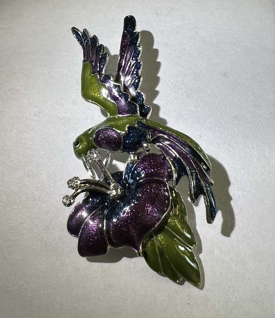 Colorful Hummingbird And Flower Brooch Purple Green And Blue Enamel Silver