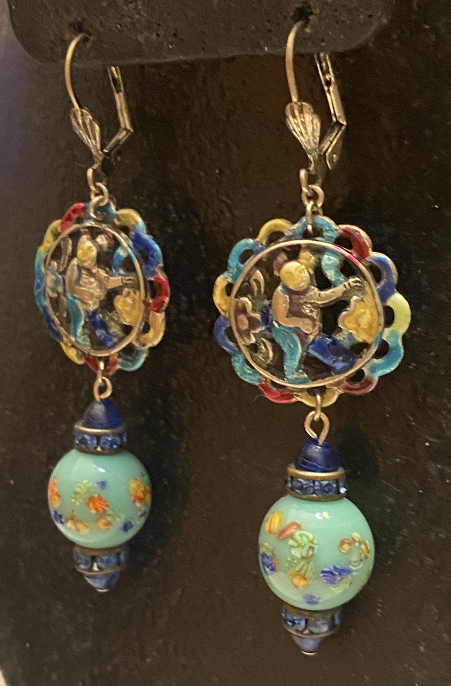 Vintage Asian Themed Colorful Ronde Bosse Enamel Art Glass Rhinestone Earrings