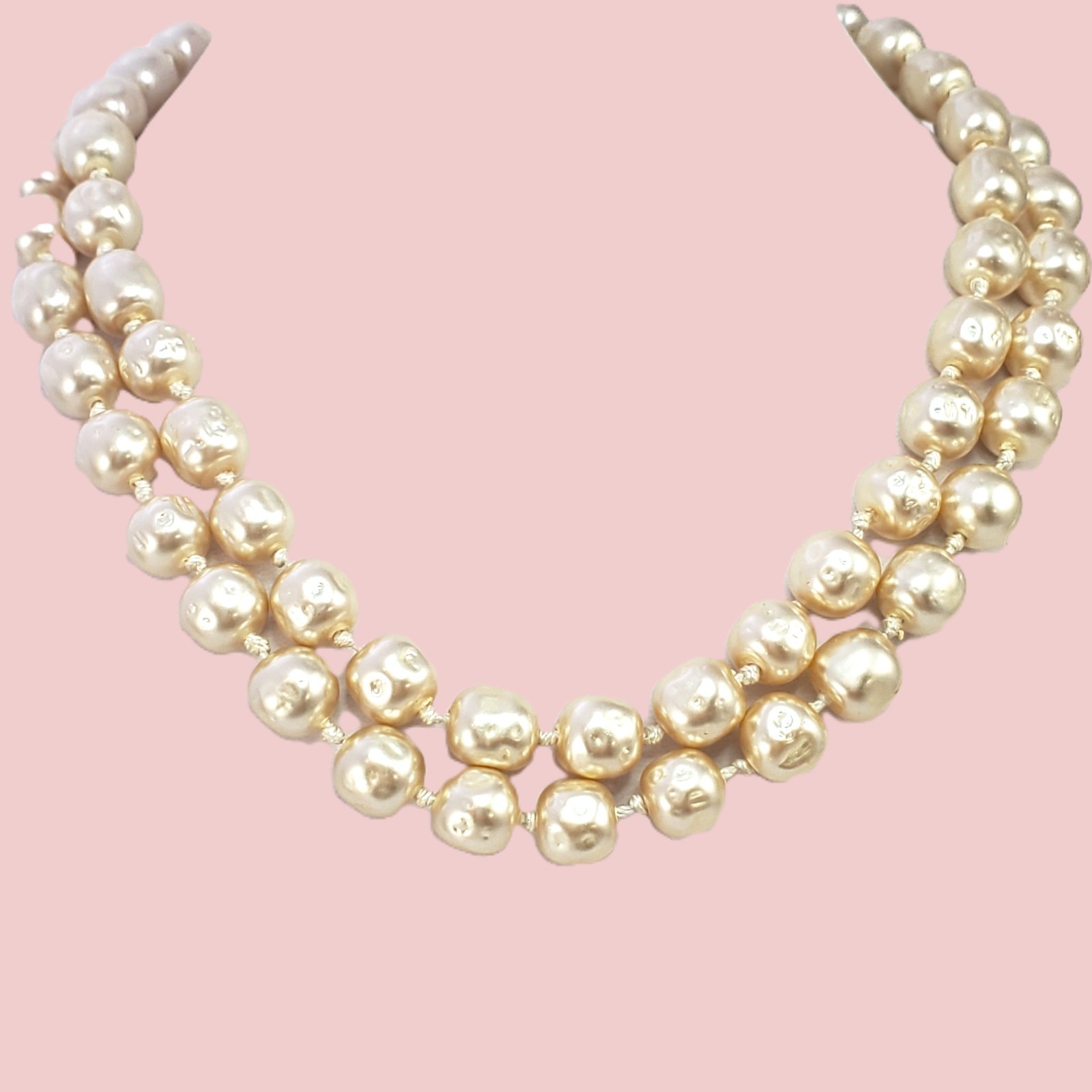 RICHELIEU Double Strand Necklace Faux BAROQUE PEARL Vintage Hand Knotted 16″