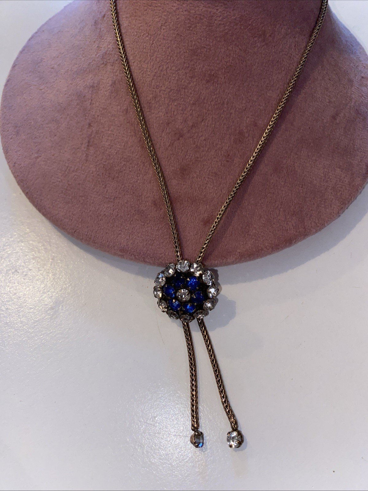 ANTIQUE VINTAGE SAPPHIRE CLEAR PASTE STONES BOLO FIX TAIL CHAIN NECKLACE 19 3/4”