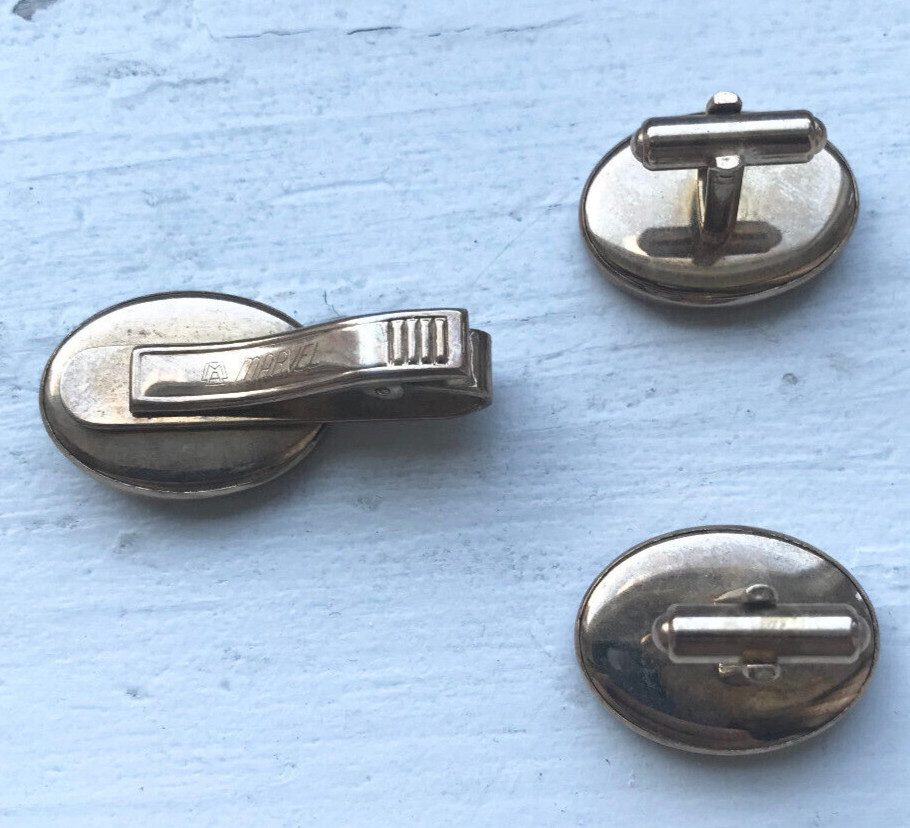 VINTAGE MARVEL FLY FISHERMAN RAINBOW TROUT SCENE TIE CLIP & CUFF LINKS