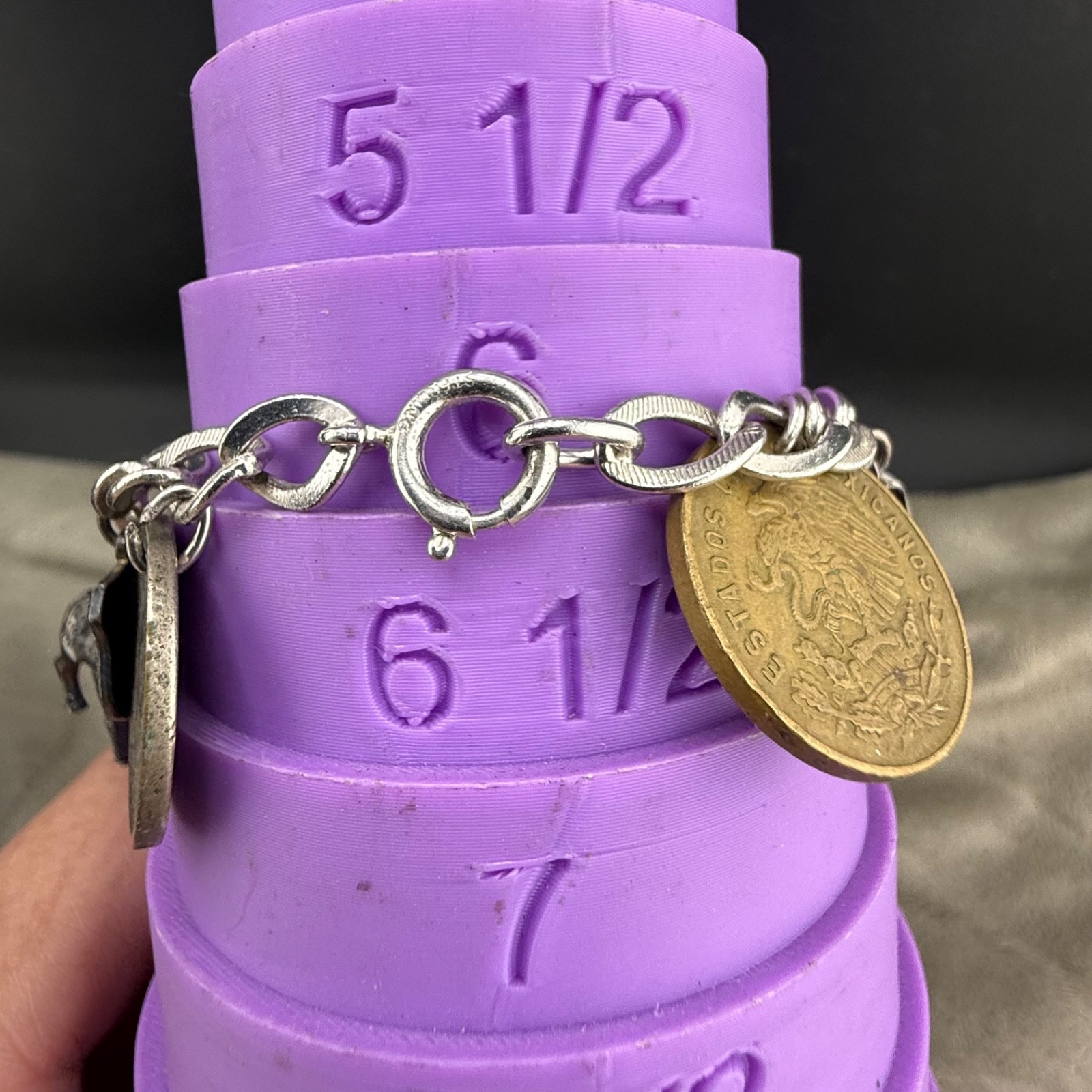 Vintage Travel Coin Charm Bracelet Europe Mexico Some 800 Silver 6.5”