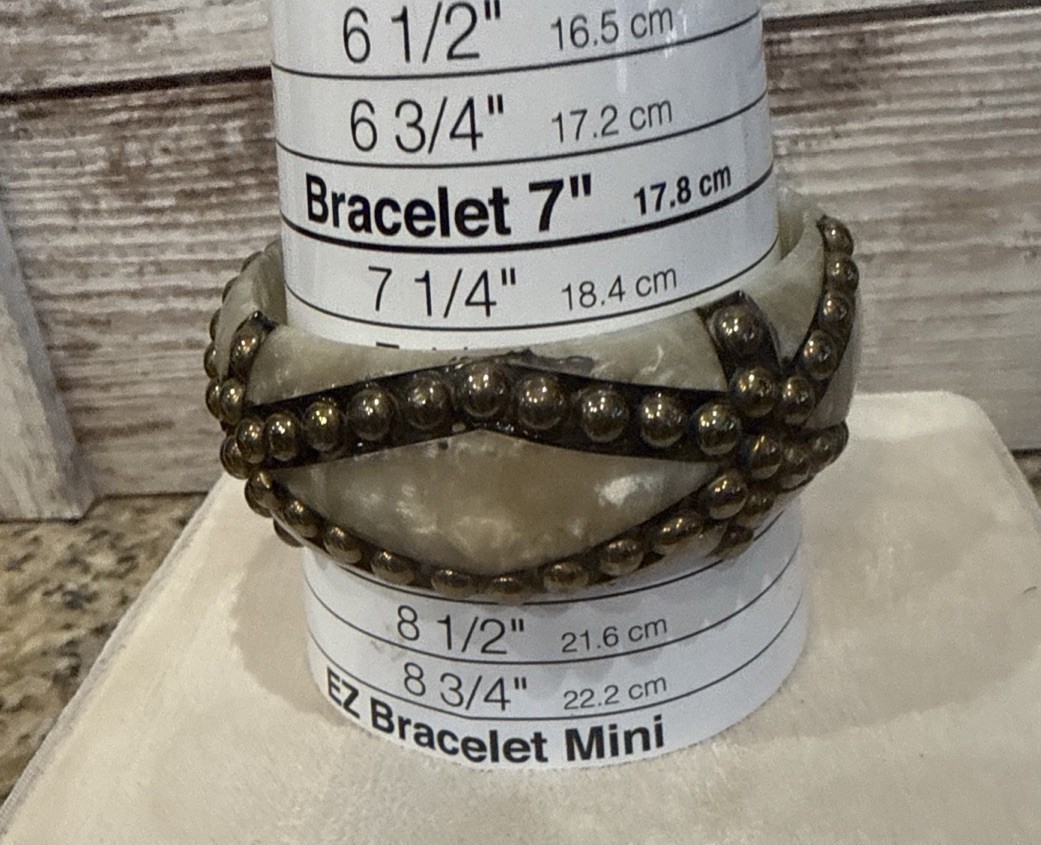 Off White Marbled Bracelet Brass Studded Bangle Boho Vintage 7.5”