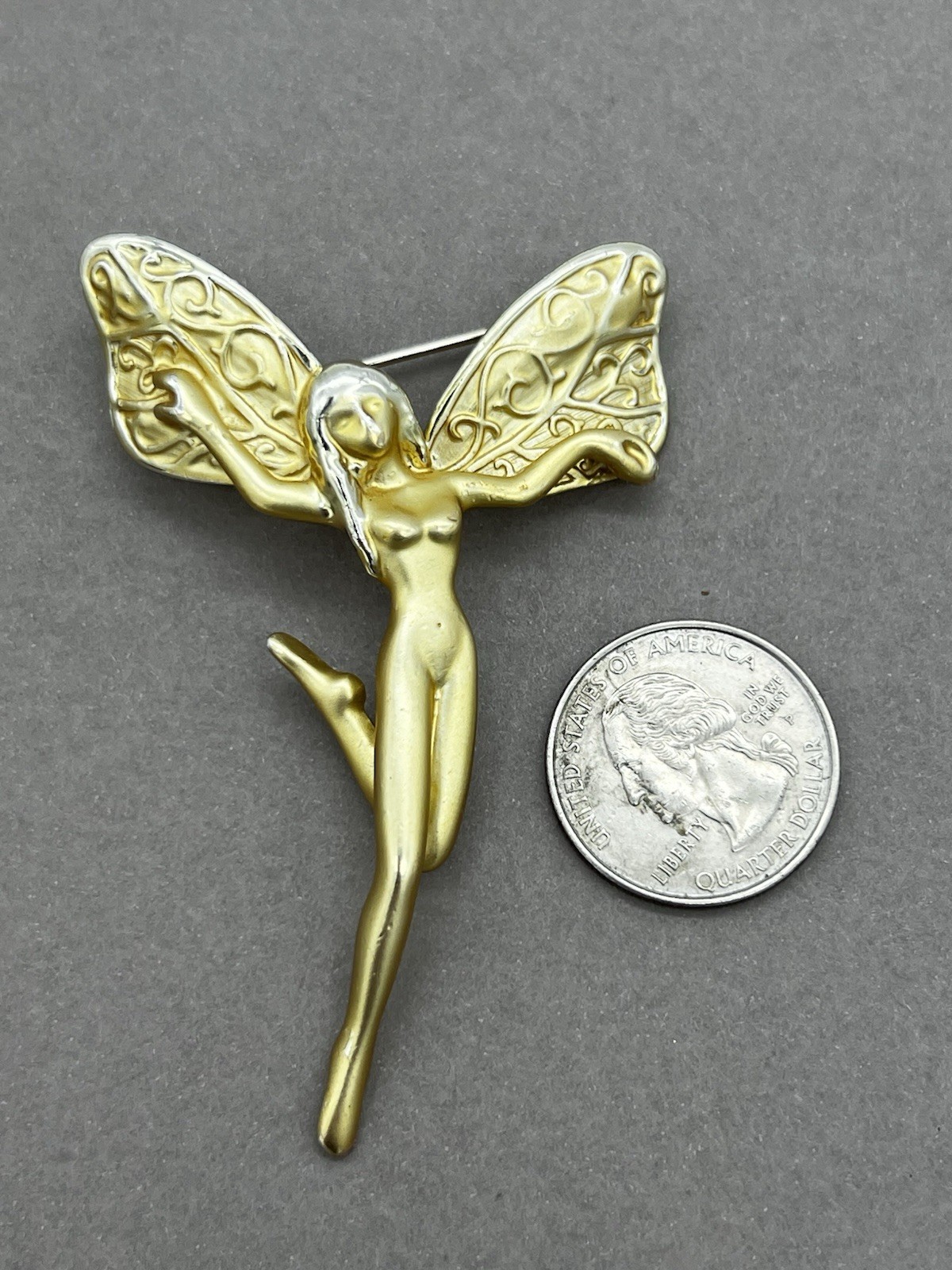 Vintage Fairy Brooch Matte Gold Tone Pixie Pin Whimsical Fantasy Jewelry