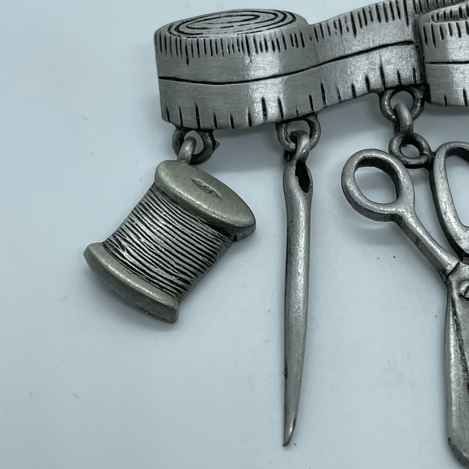 Vintage Sewing Theme Brooch Pin Tape Measure Scissors Thread Button Thimble