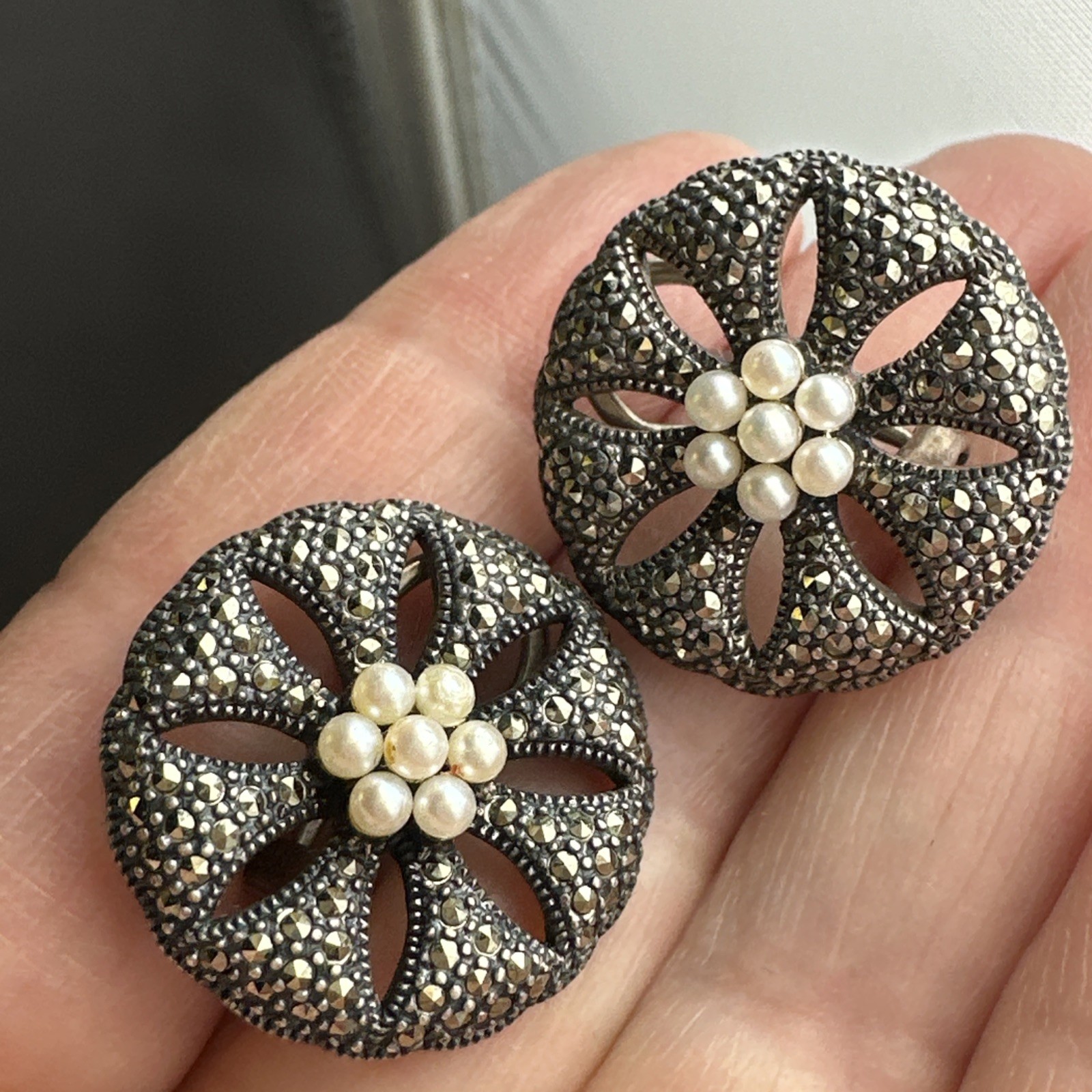 Vintage Sterling Silver Genuine Pearl Pierced Quality Earrings Signed