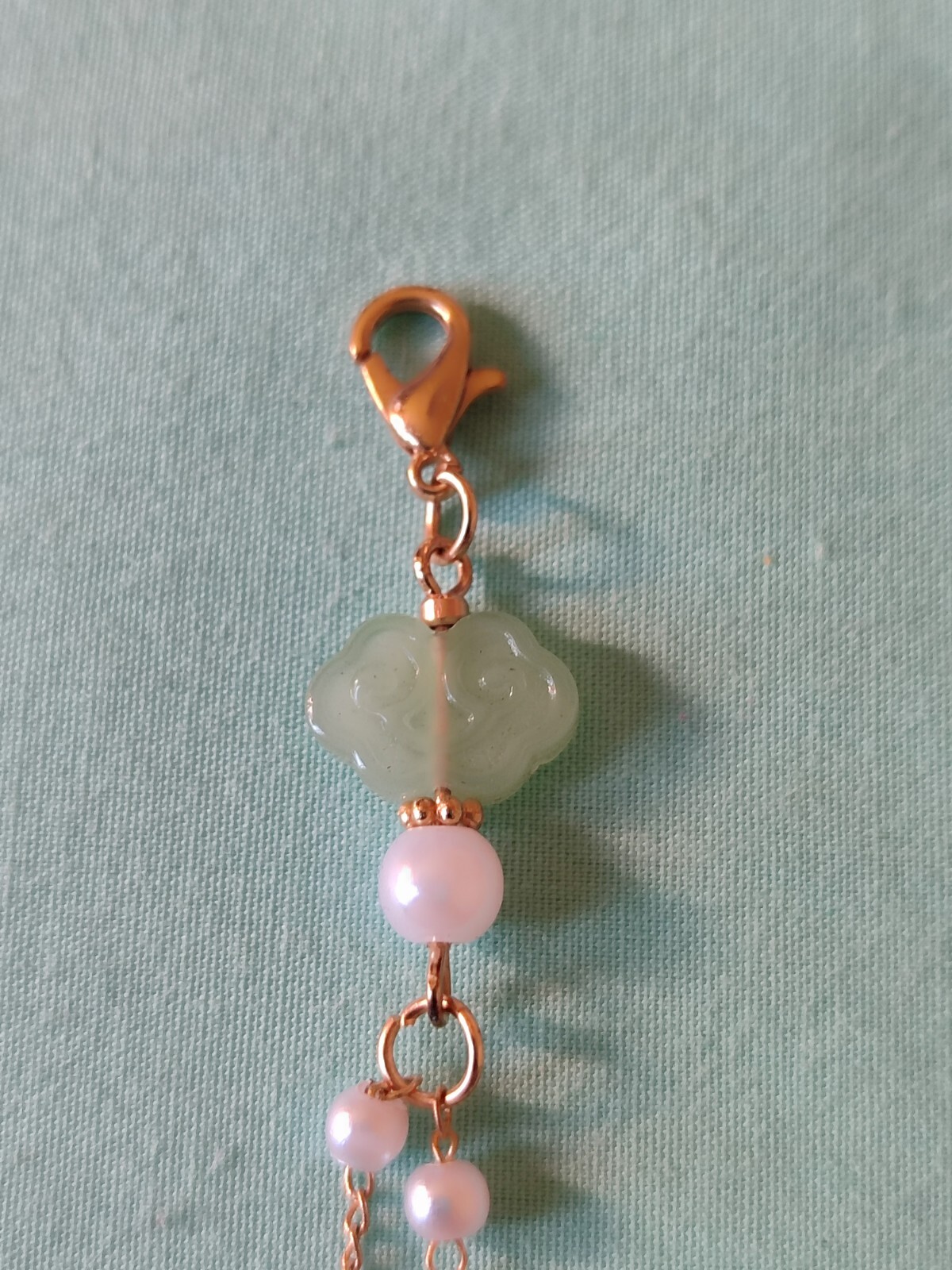 Asian Style Dangle Charm Faux Jade Glass Pearl Gold Tone Double Strand Kimono