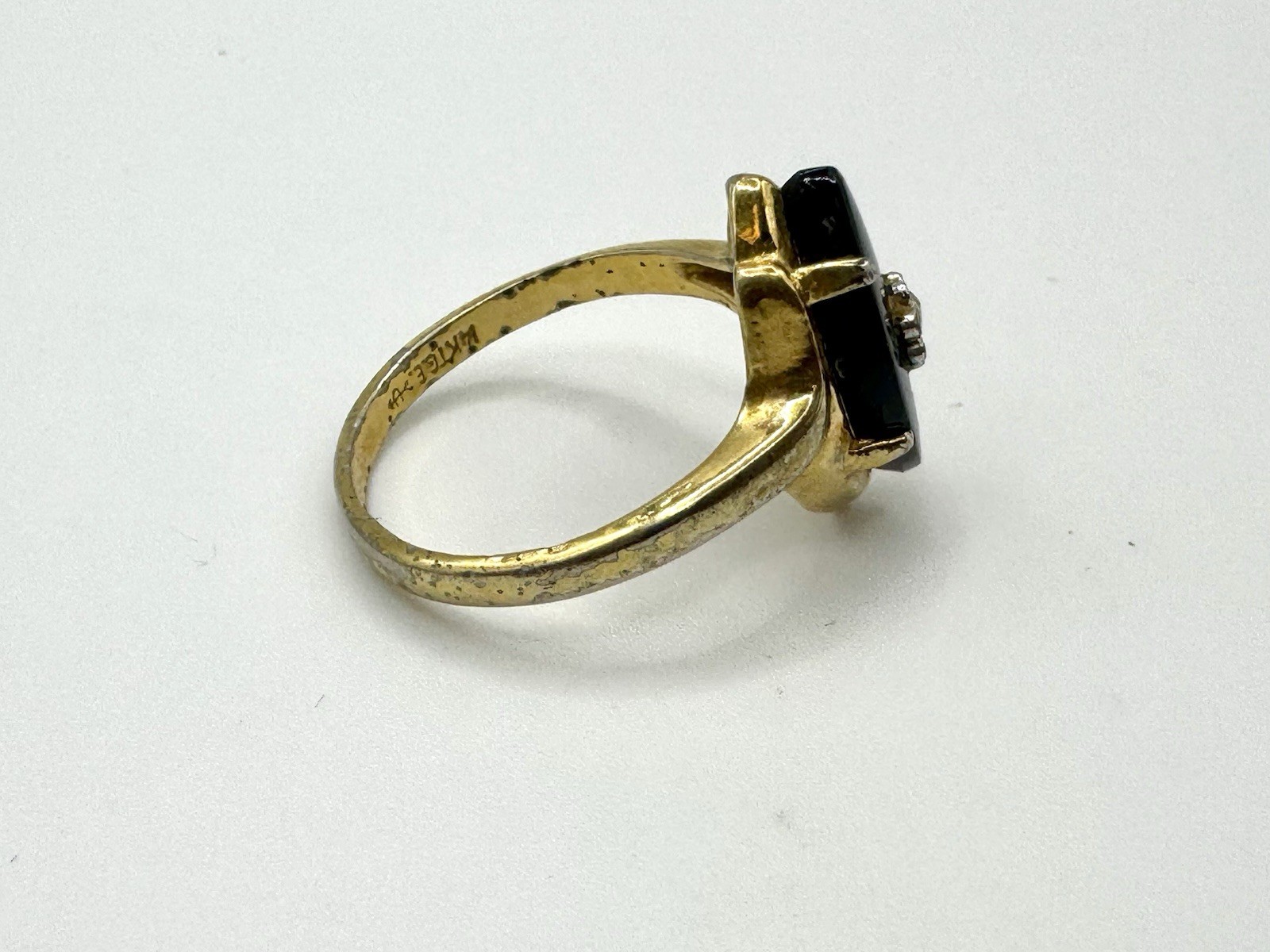 Vintage 14k GE Gold Art Nouveau Black Marquise Onyx Stone Rhinestone Ring Size 8