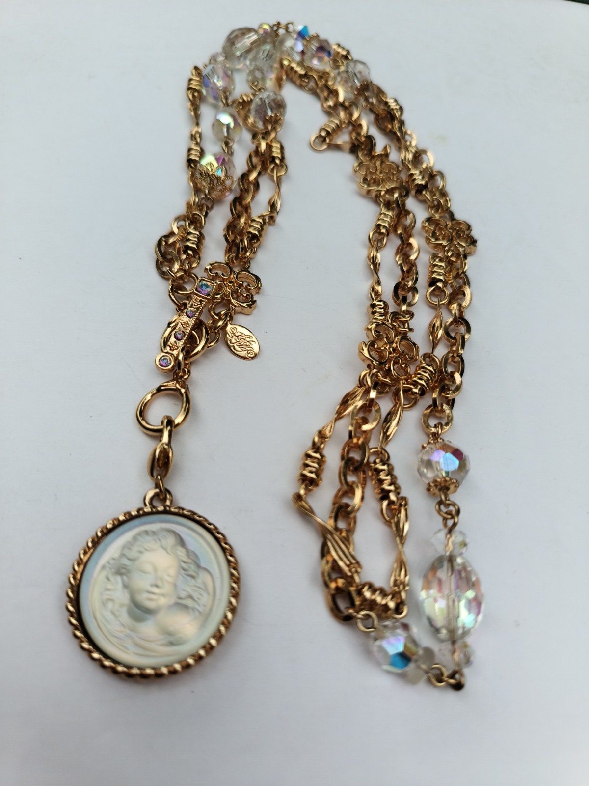 KIRKS FOLLY Angel Irade scent Love Never Dies Pendant AB Gold Tone 27″ Necklace