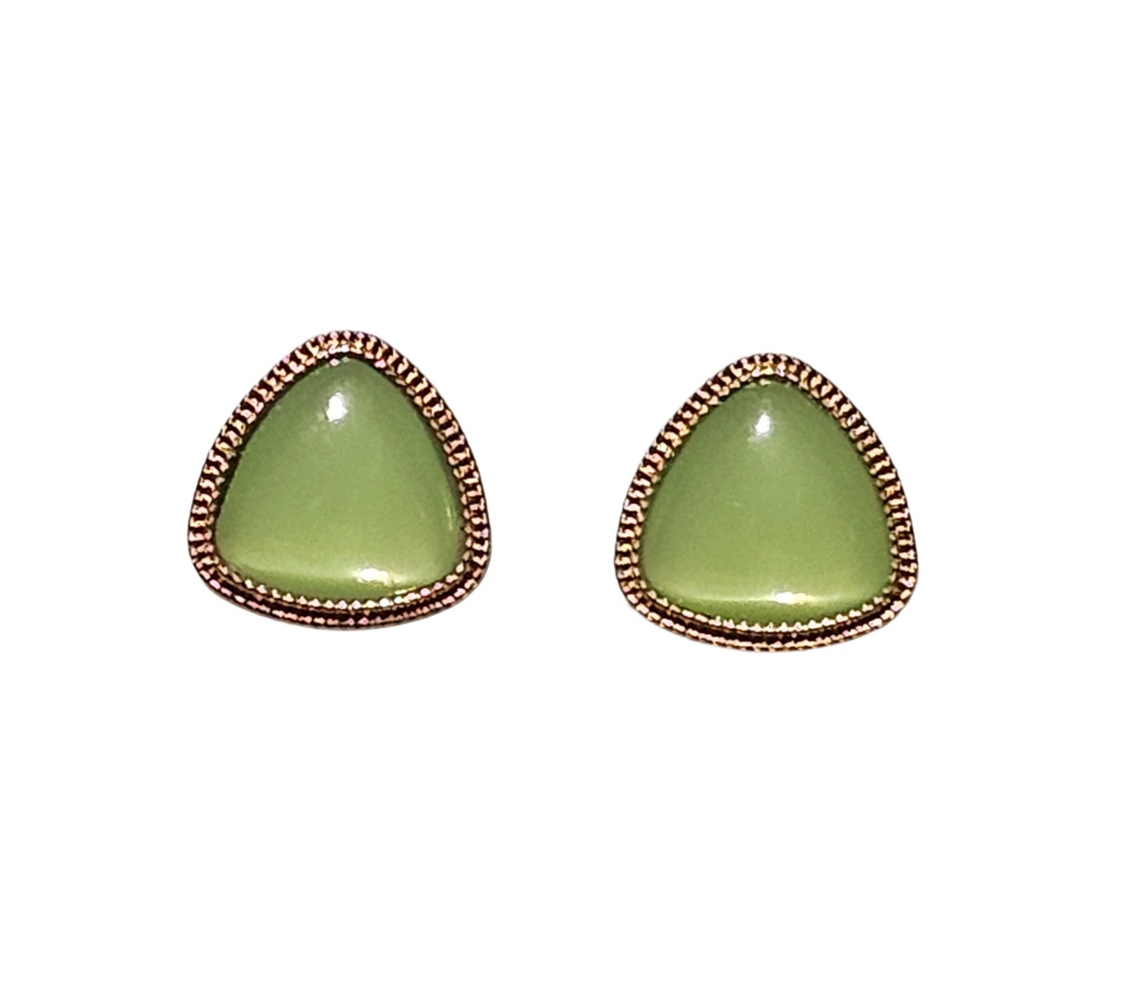 Vintage Retro Green Trillion Cabochon Stud Earrings Gold Tone Textured Border