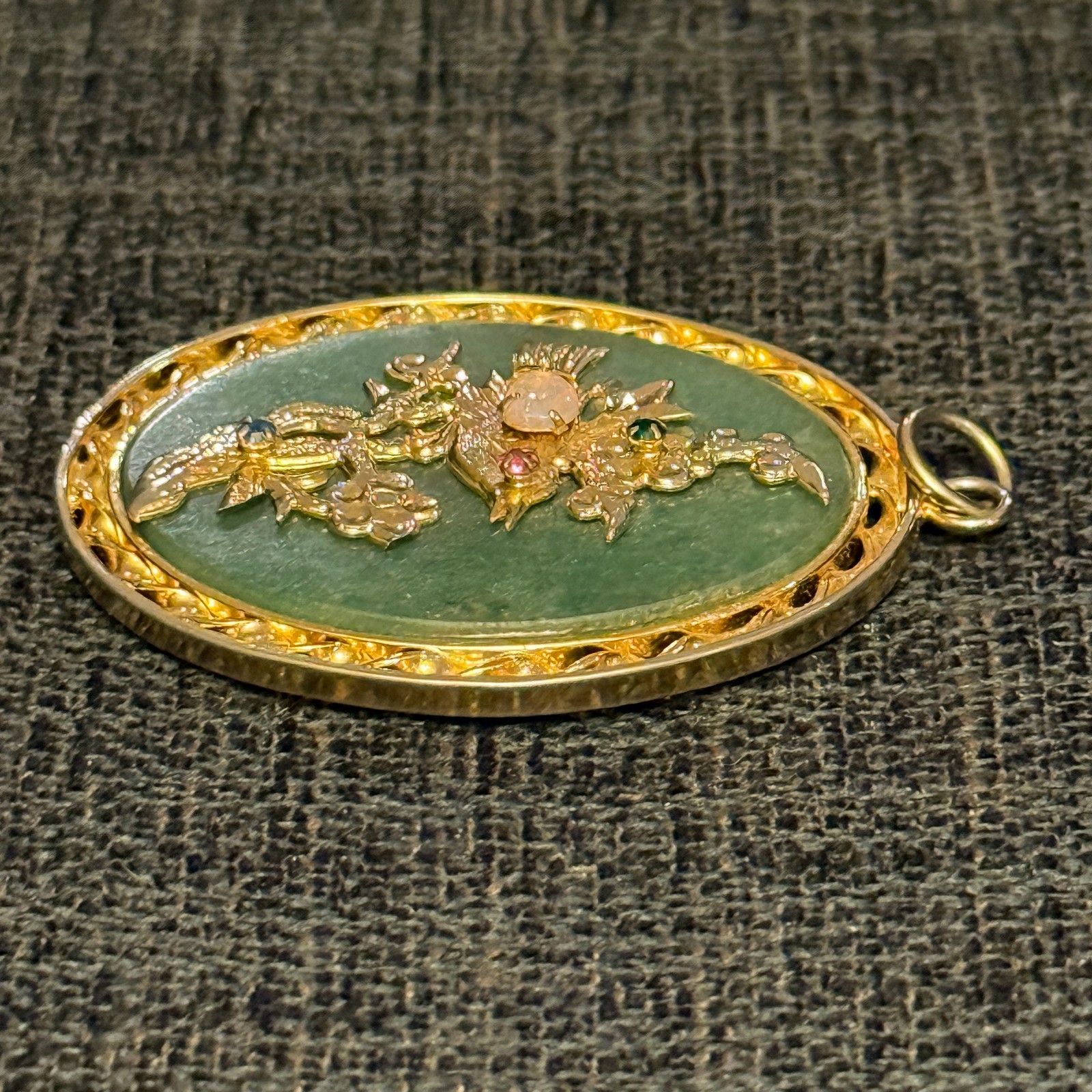 VTG Chinese Jade Pendant Opal Ruby Sapphire Emerald Bird Gold Tone Reversible Fu