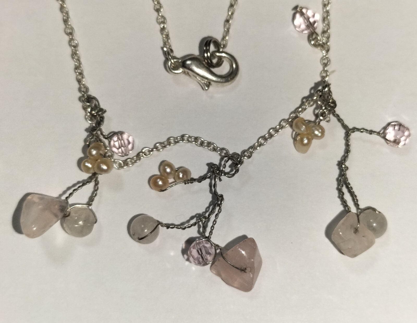 Stunning Vintage Handmade Silver Necklace w/ Rose Quartz and Natural Pearl 36cm