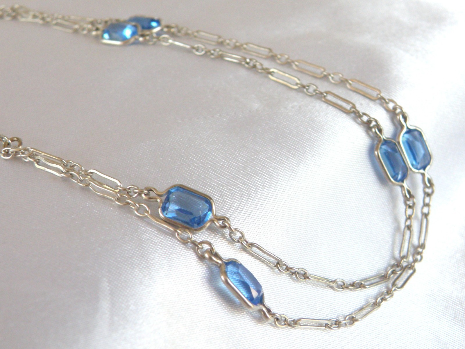 Antique Sterling Silver 925 Blue Gemstone Station Vintage Paperclip Necklace 25″
