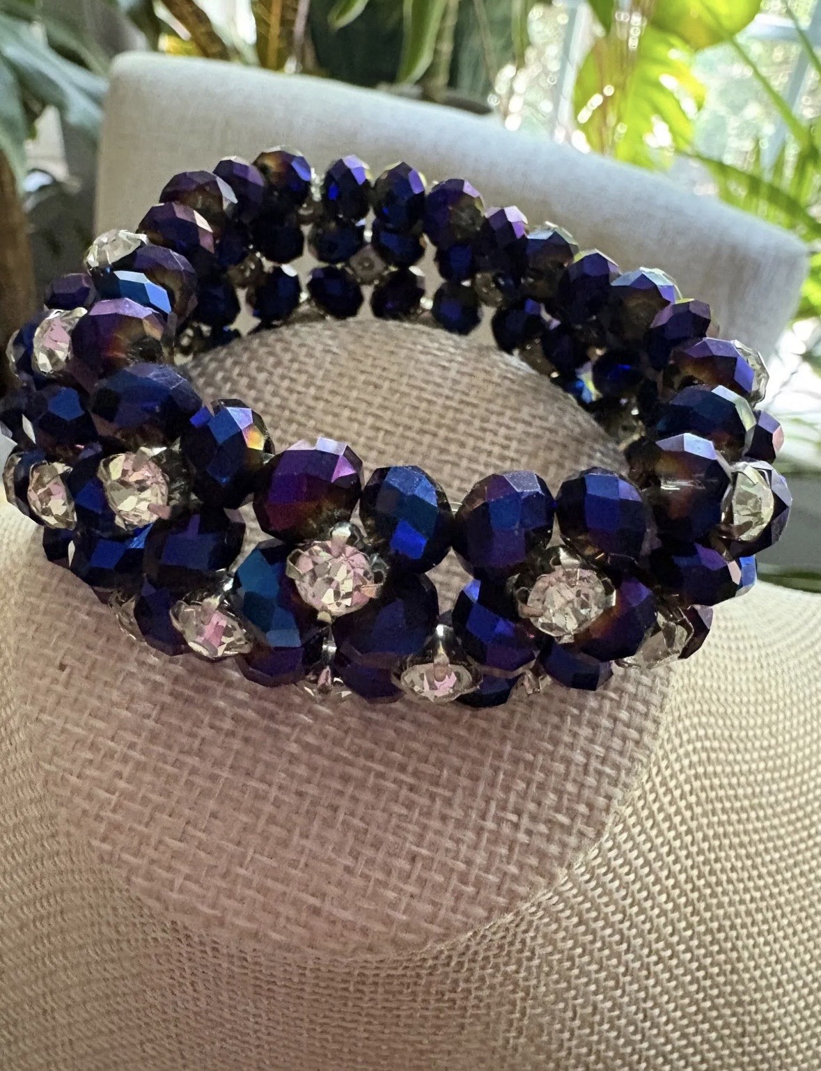 Stunning beaded iridescent blue purple with rhinestone stretch vintage bracelet