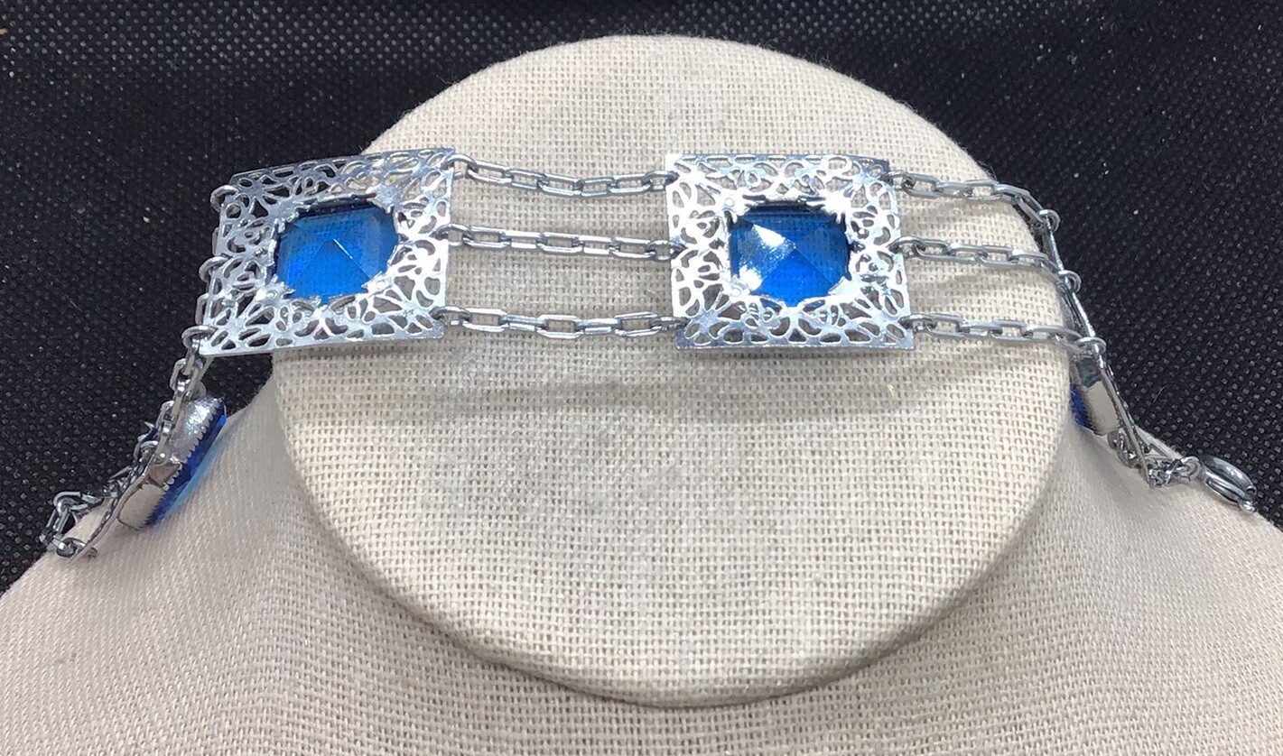 Antique Slver Tone Costume Wide Blue Glass Stone Bracelet 8″ C566