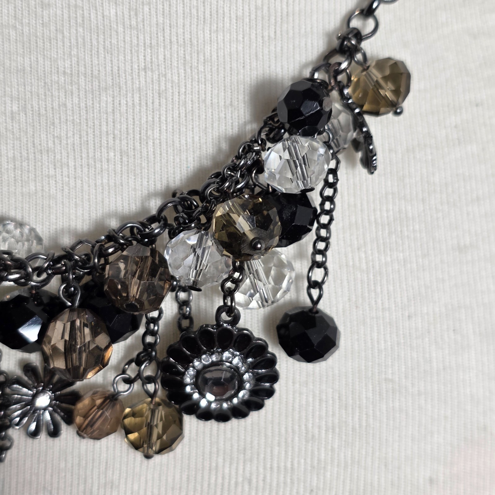 Metallic Black Charm Necklace Floral Pendants with Gray White & Black Beads