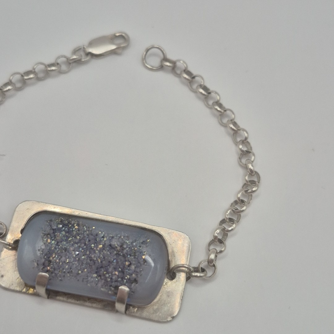 Vintage Sterling Silver 925 Titanium Druzy Quartz Geode ID Bracelet 7″