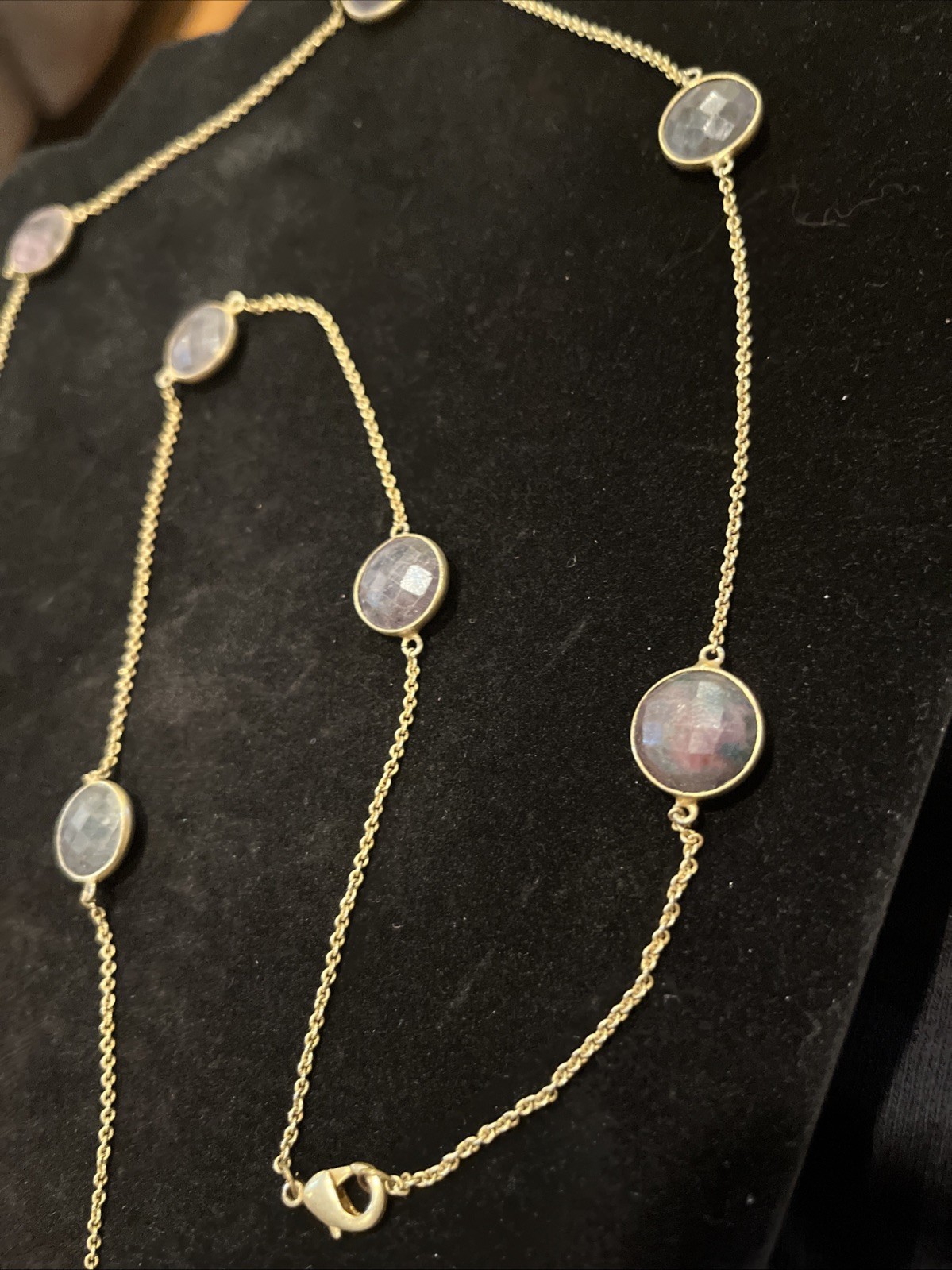 Vintage labradorite bezel station necklace Gemstones 32” Gold Bronze Tone Chain