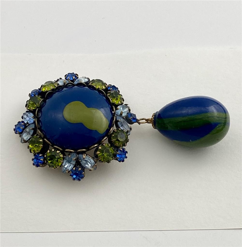 Vintage 60’s Blue / Green Rhinestones & Enamel Drop Dangle Brooch Pin