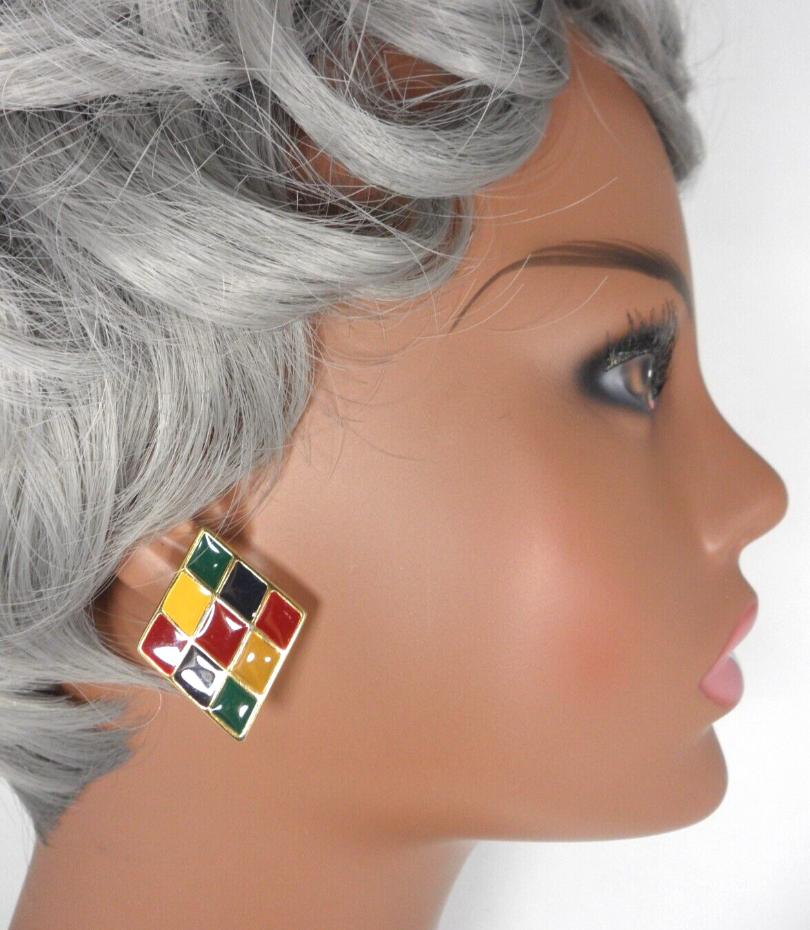 80s Art Deco Earrings Harlequin Enamel Squares Rhombus Lozenge Geometric Cubist