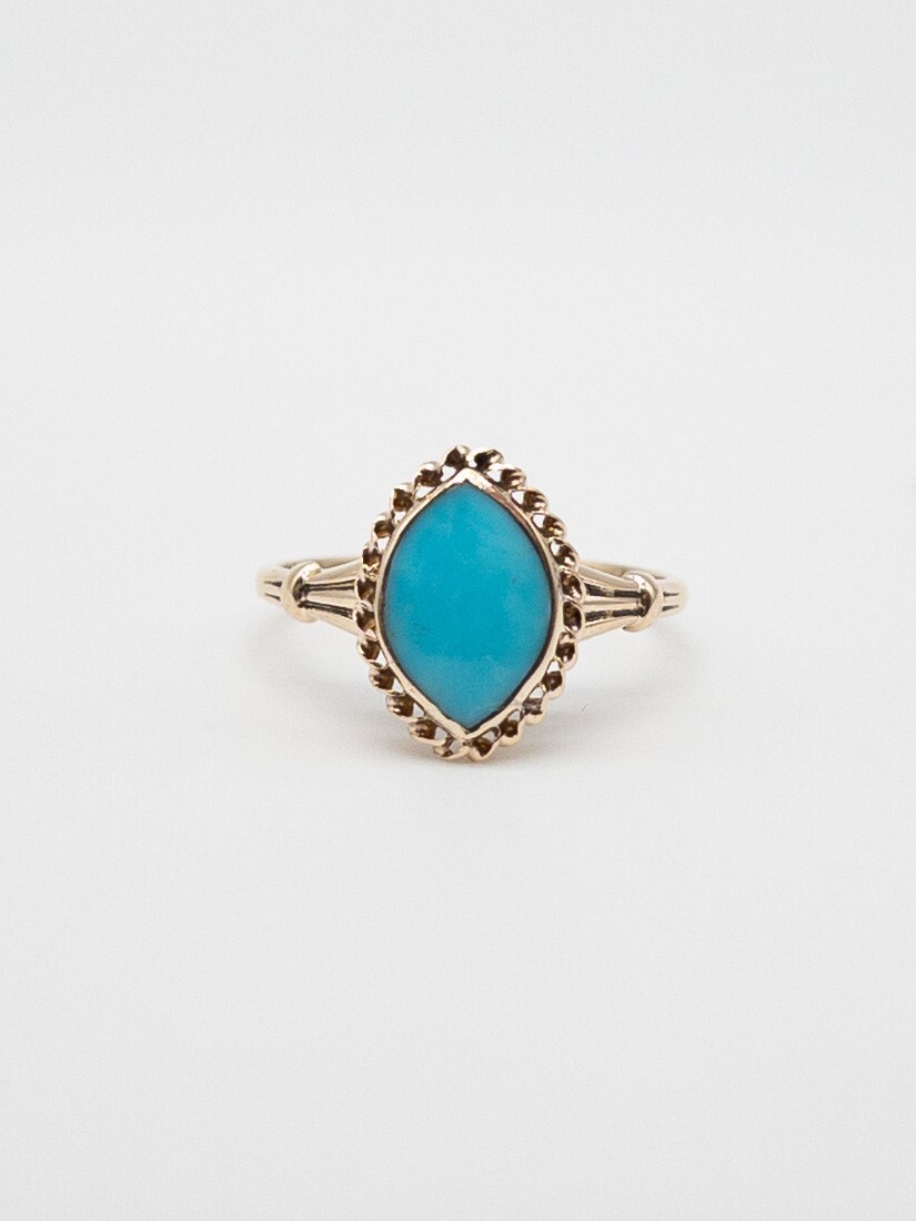 Antique 1900s Edwardian 2ct Natural Marquis Turquoise 10k Yellow Gold Ring