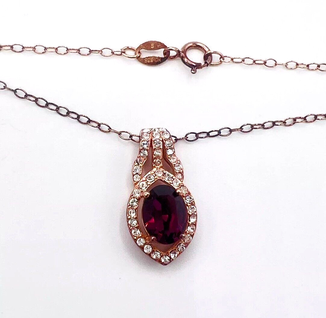 Vintage Rose Gold Tone Sterling Silver Purple Crystal Pendant Necklace