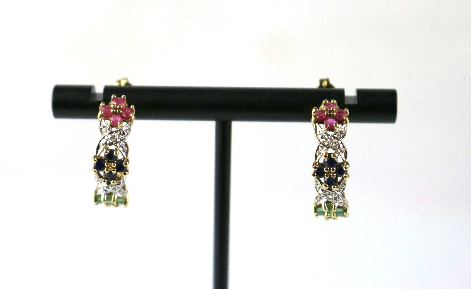 VTG Ross Simons Sterling Silver 925 Vermeil Ruby Sapphire Emerald Hoop Earrings