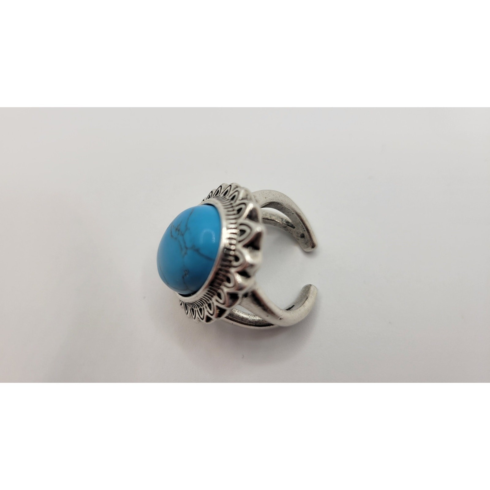 Blue Stone Faux Turquoise Cabochon Statement Ring Dyed Howlite Silver Plated