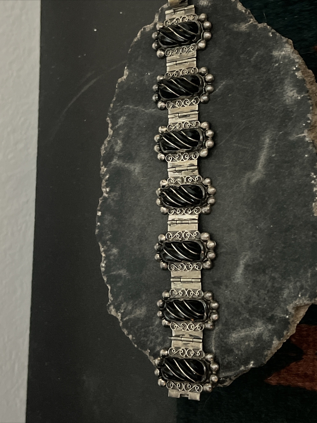 Vintage Sterling Onyx Bracelet & Earrings Set By Del Rio 64 Grams