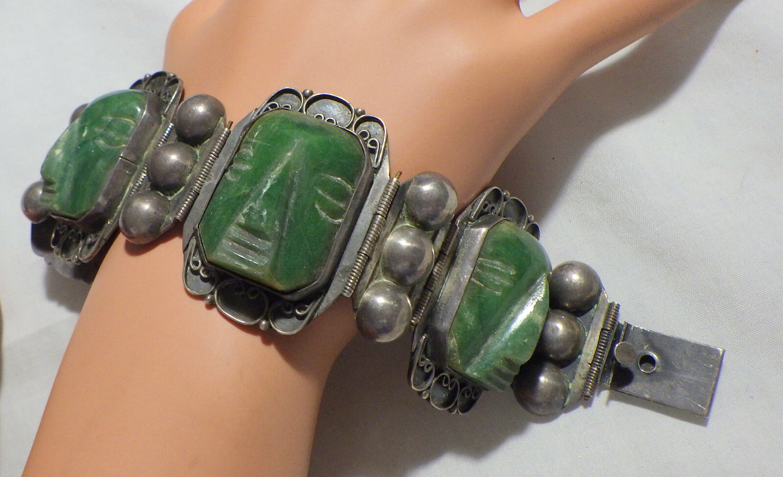 MEXICO STERLING BRACELET W, CARVED JADE INTRICATE AZTEC WARRIOR FACE 76 GRAMS